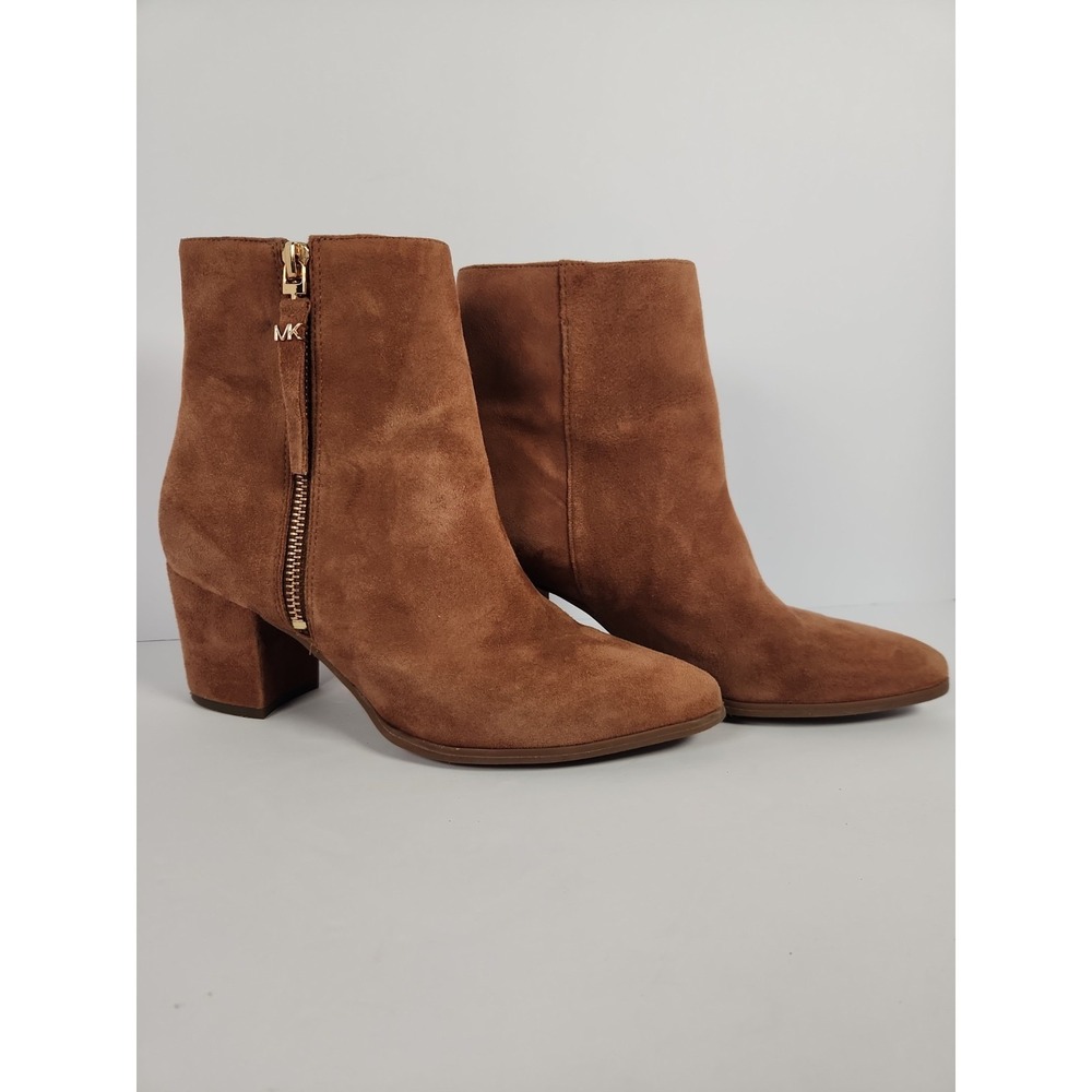 MICHAEL Michael Kors Hazel Flex Suede Ankle Boots Size 6M Brown Gold Zip Booties